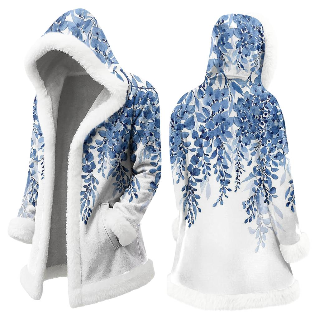 Unisex Casual And Fashionable Plush Collar Hooded Long Sleeved Floral Gradient Printing Jacket