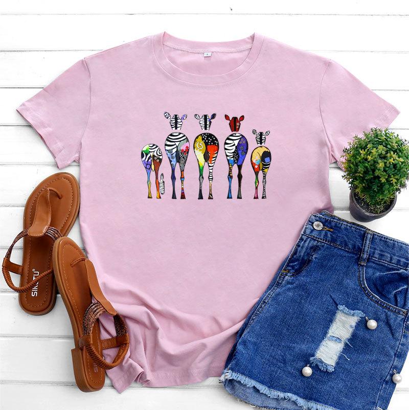Summer Round Neck Zebra Print Top Fashionable Casual Short Sleeved Women's Pure Cotton T-shirts