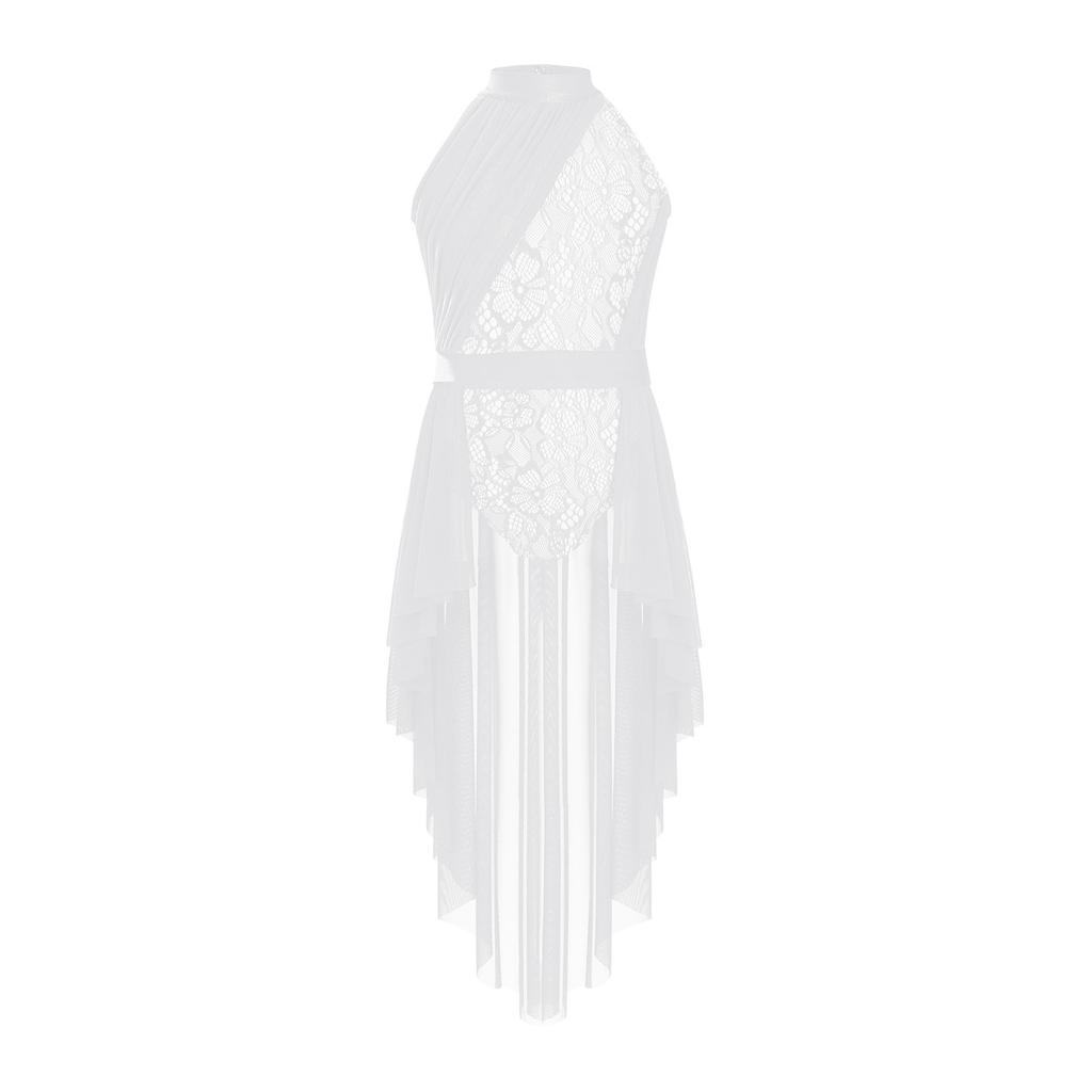 Girls Performance Leotard Sleeveless Cutout Back Design Hollow Out Lace Mesh Overlay Skirted Dance Costume