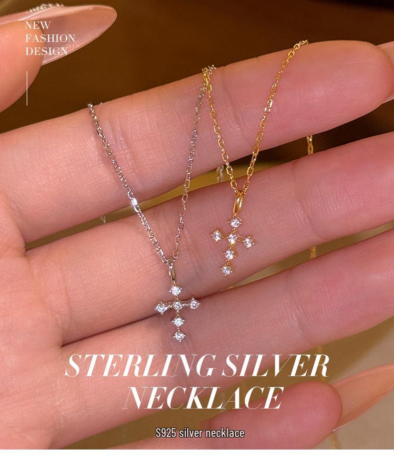925 Sterling Silver Cross Choker Necklace with Diamonds for Women – High-End, Trendy, Versatile, and Stylish.