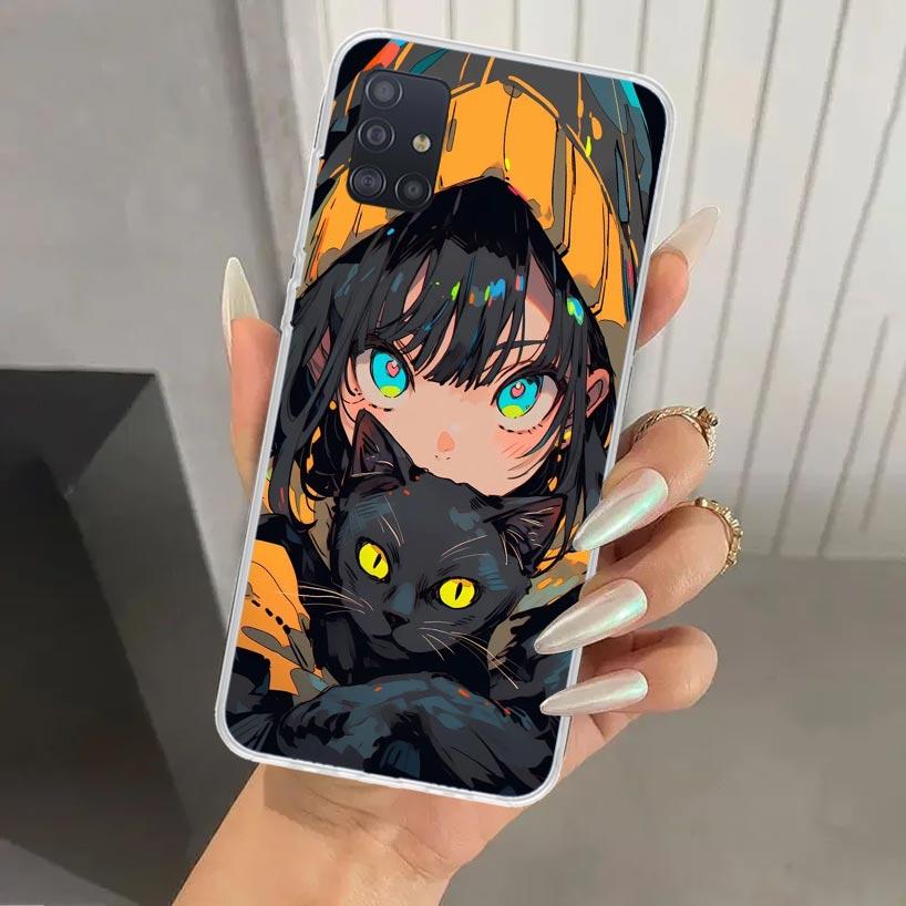 Милый черный кот Аниме Девушки Чехол для телефона для Samsung Galaxy A52 A32 A22 A12 A02S A50S A30S A10S Note 20 Ultra 10 Plus S10 A31 A20 A