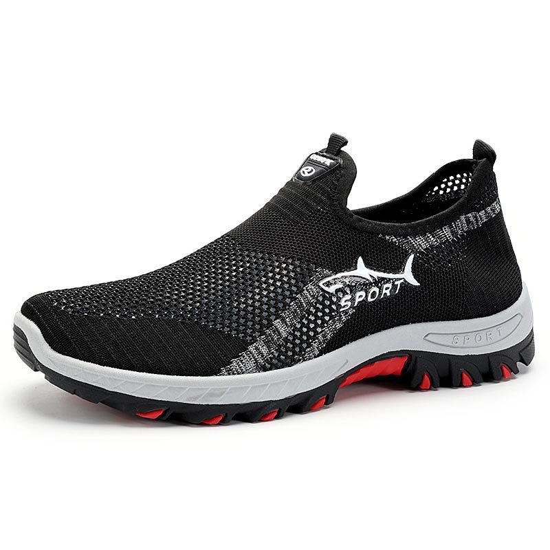 Men's Breathable Mesh Slip-On Sneakers, Lightweight Fly Knit Casual Walking Shoes with Shark Design, Soft Sole Non-Slip Athletic Shoes for Big Size