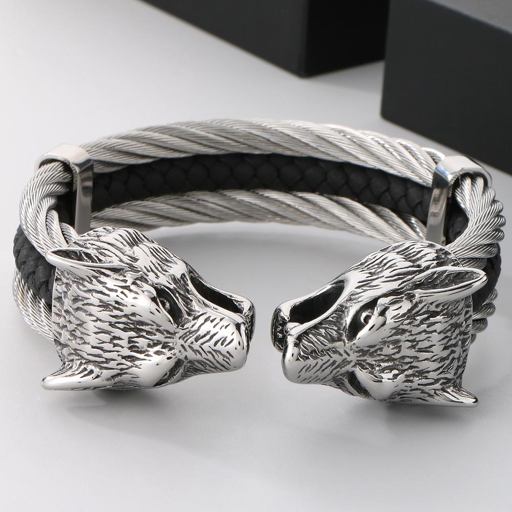 Готический эластичный двойной волчий череп открытый браслет-манжета для мужчин 12 мм витая цепочка сплошной из нержавеющей стали мужские браслеты