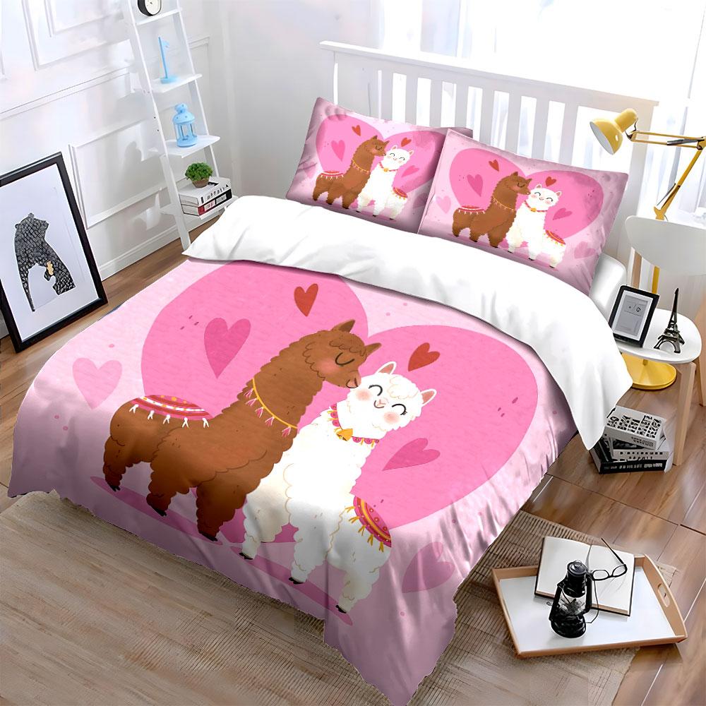 Cute Alpaca Couple Pink Hearts Bedding Duvet Cover Set Duvet Cover Pillowcases (1*Duvet Cover 2*Pillowcases, without duvet insert)