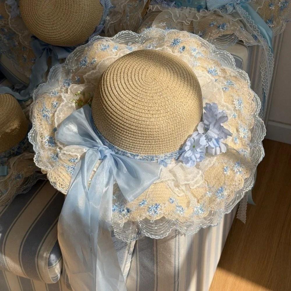 Breathable Lace Brim Sunshade Cap Elegant Outdoor Beach Hat Woman's Straw Hat Casual Wear