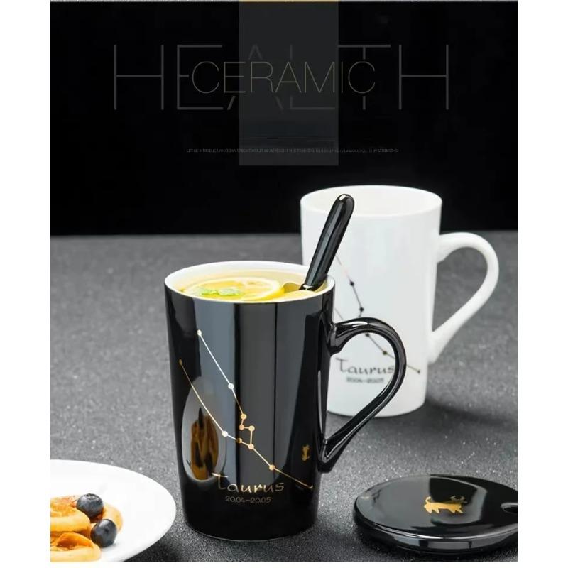 Керамические кружки 12 созвездий, креативные кружки с крышкой-ложкой, черная кружка, фарфоровая кружка со знаком зодиака, молоко, кофейная чашка, посуда для напитков, подарок для пар