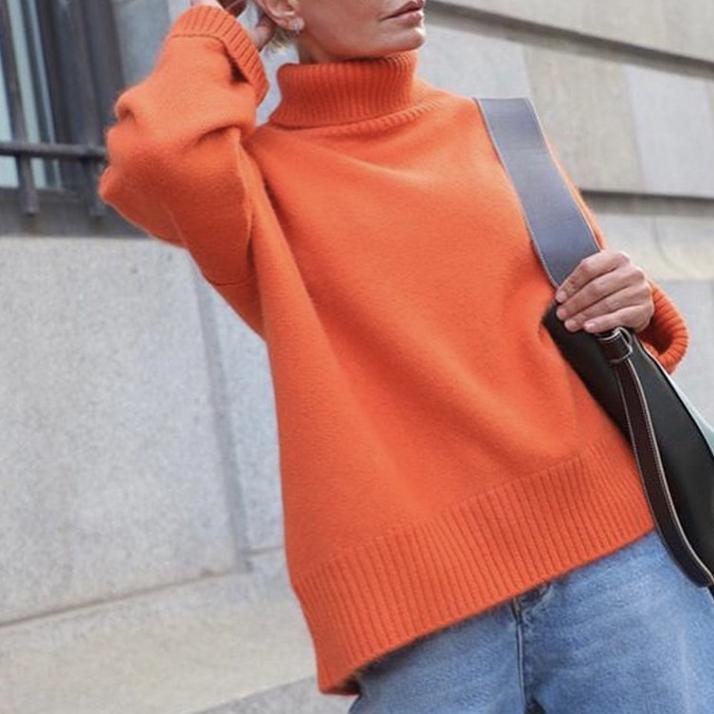 Autumn and Winter High Neck Loose Knitted Top Solid Color Casual Long Sleeve Knitted Sweater