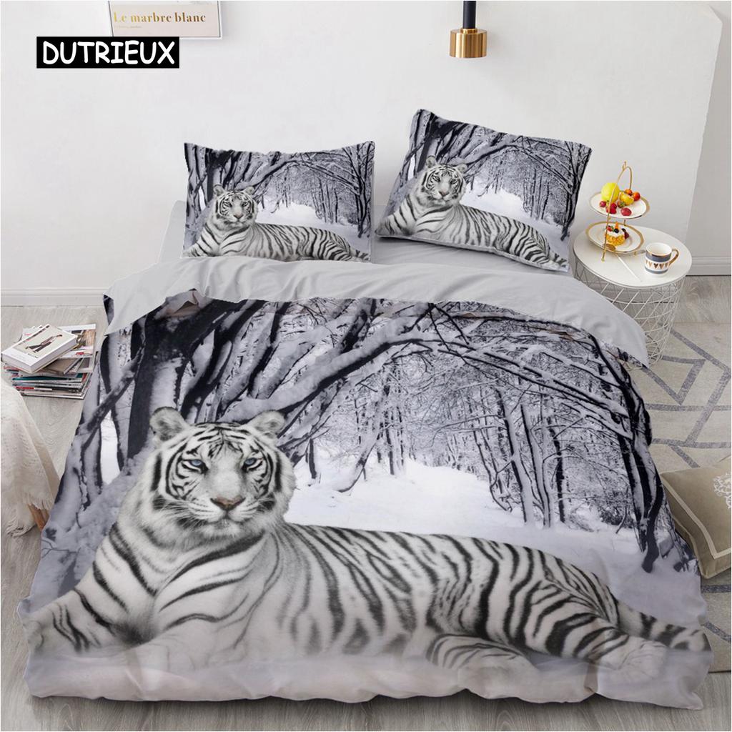 Комплект постельного белья 3D, черный пододеяльник, комплект стеганого одеяла, наволочка, размер King Queen, полиэстер с принтом тигра и животных