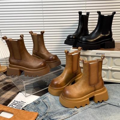 Черные челси короткие ботинки на толстой подошве с голенищами британский стиль ботинки Мартина женская обувь новые ботинки-чулки средней высоты