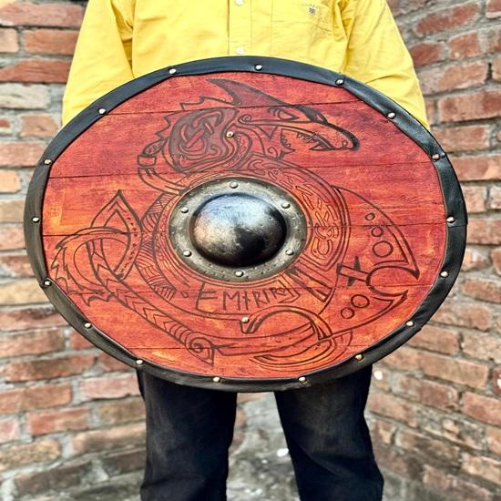 45.72cm Medieval Viking Shield In Battle with Dragon, Wooden Round Shield of Vikings from Valhalla,
