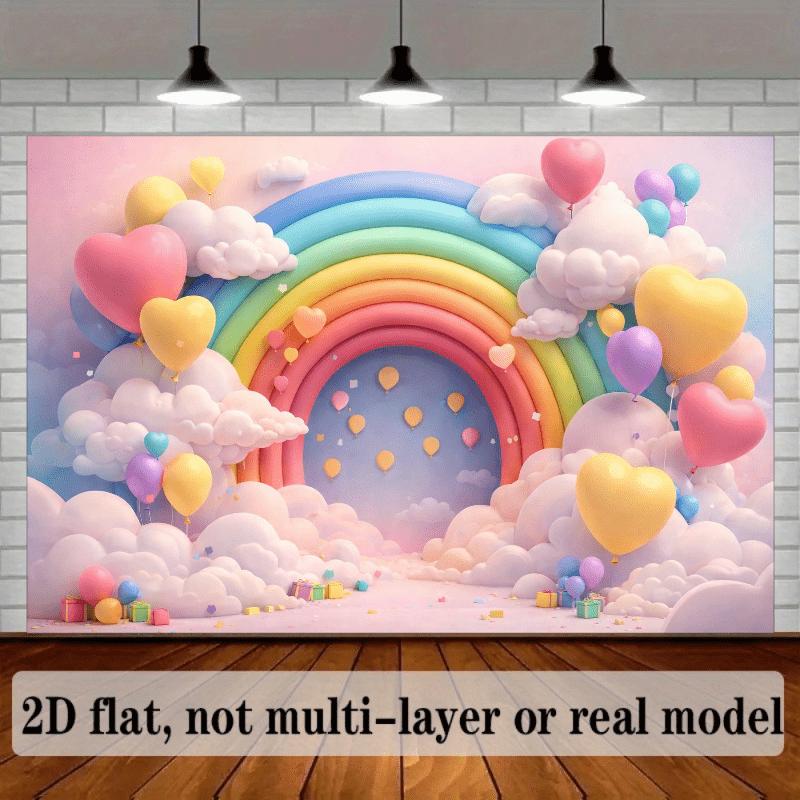 2D flat banner, grand rainbow-themed background fabric, pink and blue gradient sky, giant rainbow archway