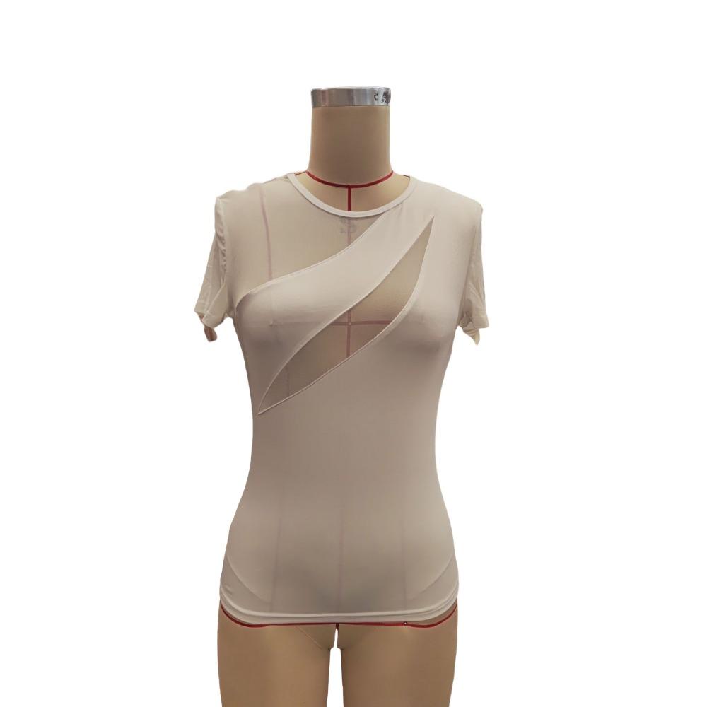 Весенне-летняя женская сексуальная однотонная футболка с коротким рукавом и сетчатым узором