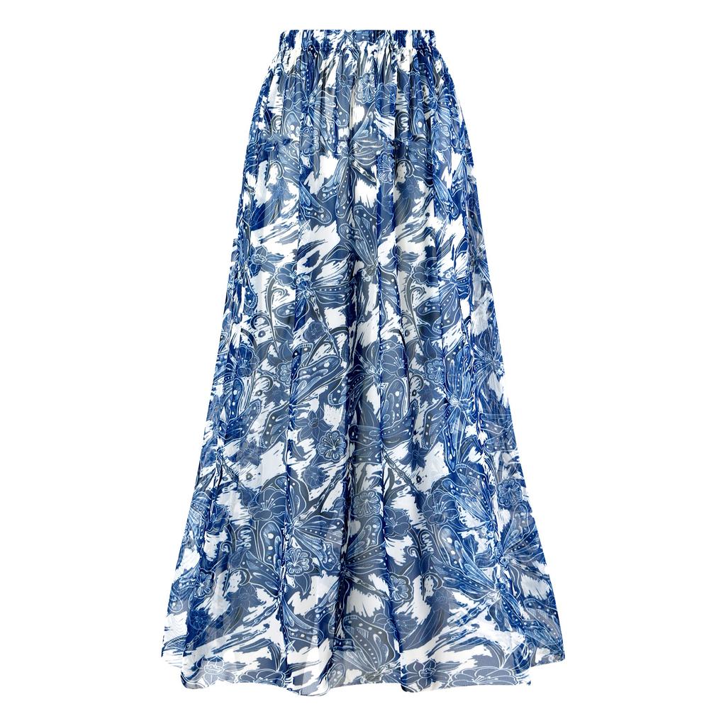New One-piece Swim Strap Suit for Women Tight Retro Printed Swimsuit Chiffon Long Skirt Suit