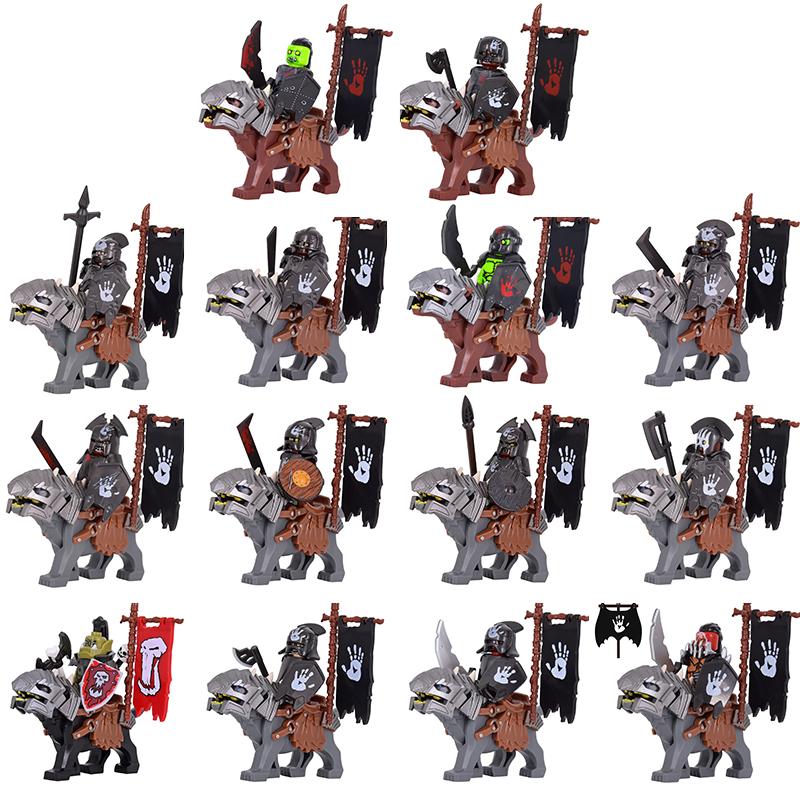 1PCS Medieval Lotr Figures Orc Cav BanV Soldiers Brown Wolf Rider Mount Knights Building Blocks Bricks Toys for Children Gifts