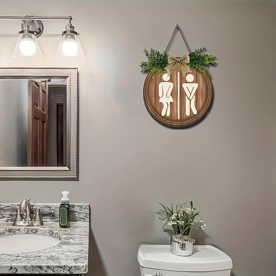 Wooden Toilet Sign Artificial Green Leaves Wall Decor Bathroom Sign Gender Tags Rustic Bathroom Sign with Lanyard for Home Cafe Restaurant Bar