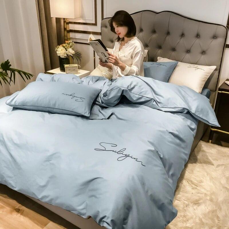 400TC Luxury Egyptian Cotton Bedding Set Full Queen King Size Duvet Cover Bed Fitted Sheet Set Pillowcase Bed Linen Solid Color