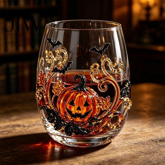 Ghost Whiskey Glass Halloween Glass, Black Cat Spider Net Skull Tumbler for Durable Coffee Mug Cocktail, 350ml Spooky Drinkware Home Bar, Festive