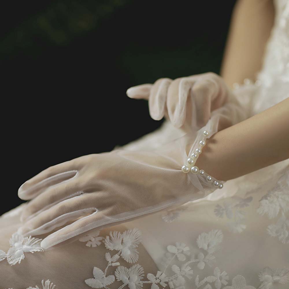 Sweet Elegant Summer Girl Bridal White Bow Pearl Finger Gloves Tulle Mittens Short Wedding Gloves