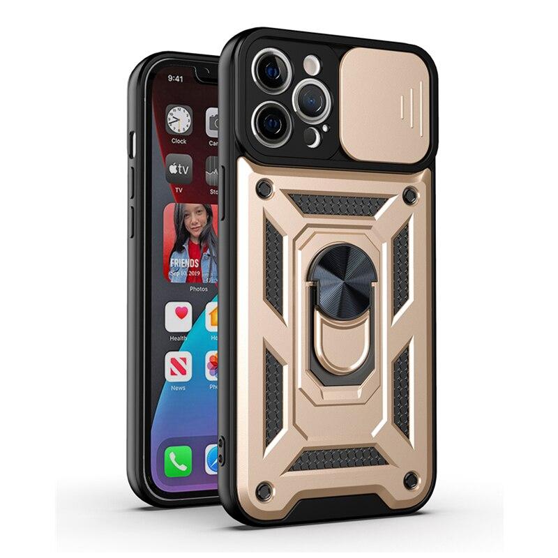 Luxury Sliding Lens Protection Armor Case For iPhone Samsung Huawei Xiaomi Redmi Magnetic Ring Shockproof Cover
