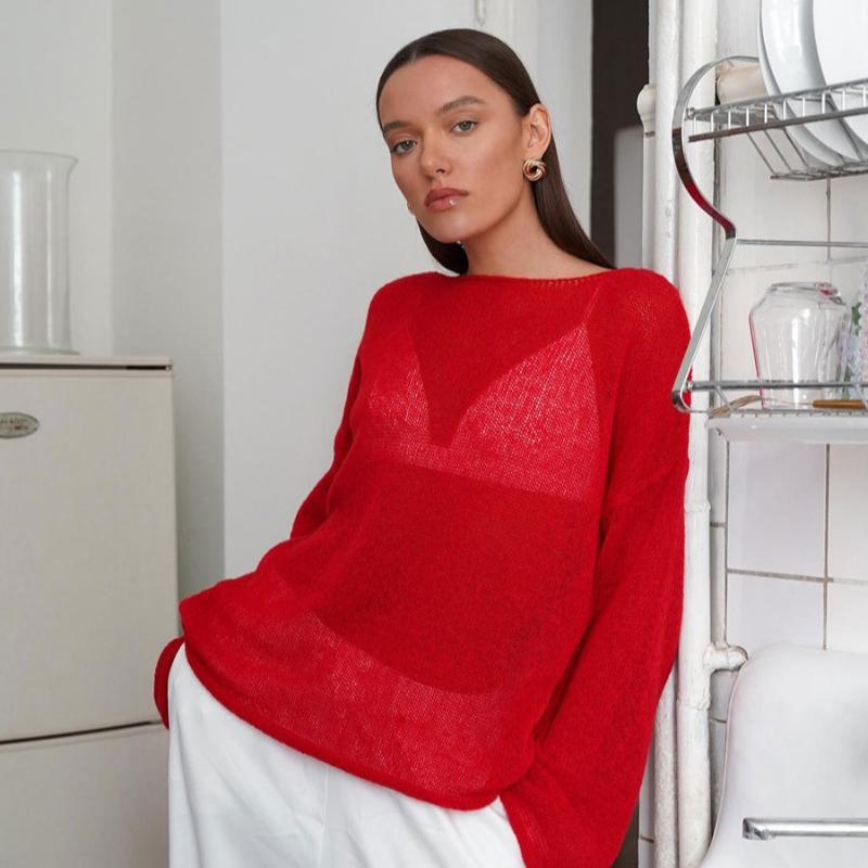 Fashion Hollow Loose Knitted Pullovers T-shirt Women Tops Spring Round Neck Flare Sleeve Women T Shirts Casual Autumn Thin Perspective Sexy Tee 25946