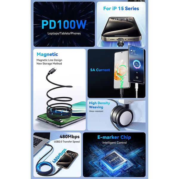 Essager USB C-C 100 Вт Магнитный кабель для быстрого зарядного устройства для iPhone 15 65 Вт Тип C-C Провод для зарядки данных для ноутбука Samsung