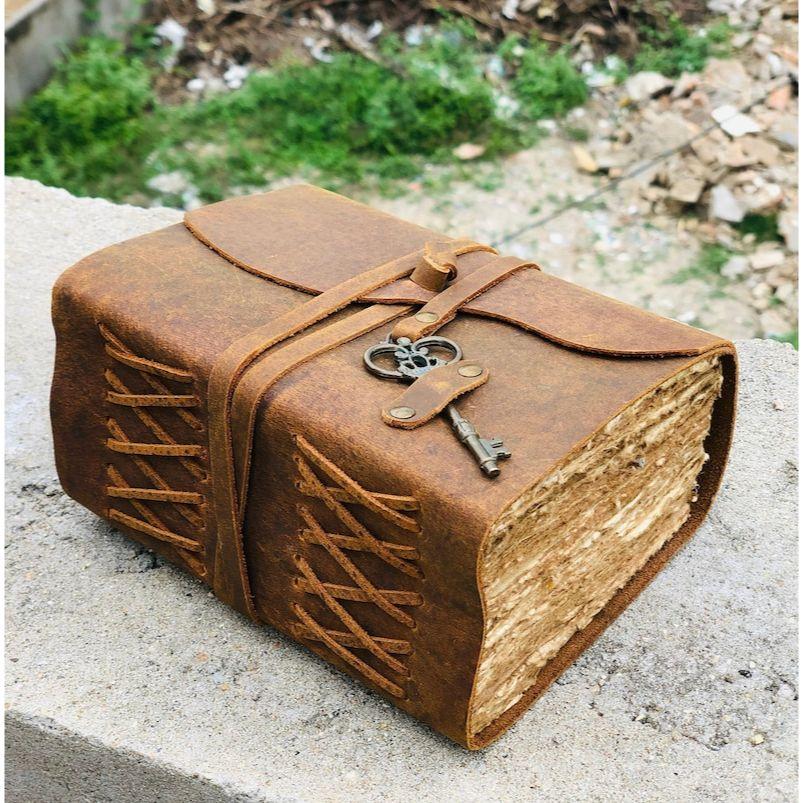 400 Pages Leather Journal with Key - Antique Handmade Deckle Edge Paper, Vintage Leather Journal - Book of Shadows - Great Gift