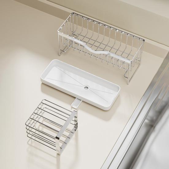 Стойка для хранения раковины с быстрым сливом и дренажным туннелем. Стойка для слива из нержавеющей углеродистой стали. Полка для организации кухонных принадлежностей. Губка для раковины. Тряпка для мытья посуды.