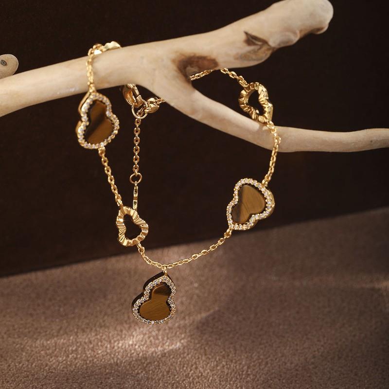 Elegant Gold-Plated Pendant Bracelet Women Modern Chinese-Inspired Geometric Design Tigers Eye Zircon Accents Lightweight