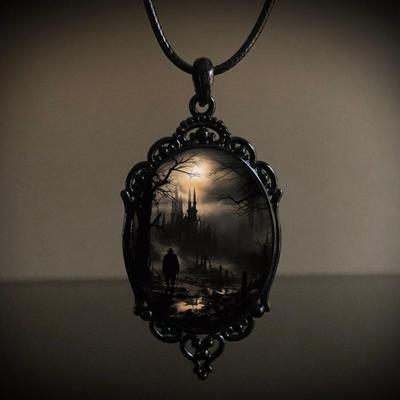 Готический Черный Овальный Замок Летучей Мыши Ворон Крест Кладбище Вампир Подвеска Кожаный Шнурок Ожерелье для Женщин Мужчин Хэллоуин Украшение Подарок
