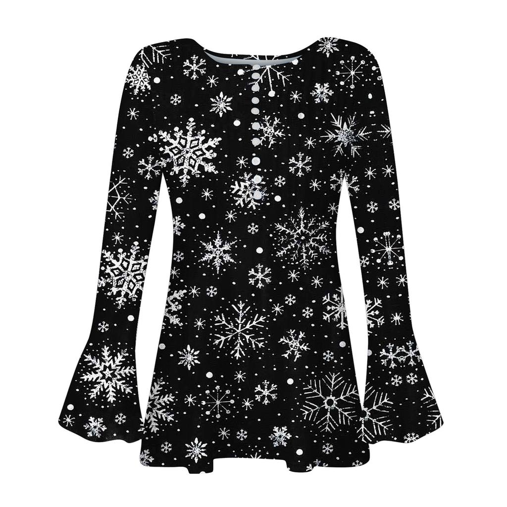 Женская модная рождественская футболка с v-образным вырезом и длинными расклешенными рукавами, плиссированная пуговица, топ
