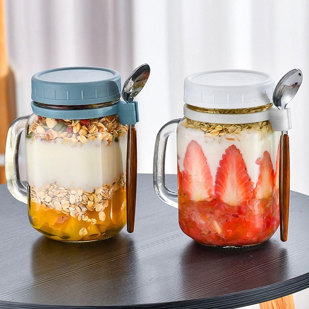 Spoons & Handle Milk Cup Oats Container Overnight Oats Jars Yogurt Pot Glass Breakfast Jar
