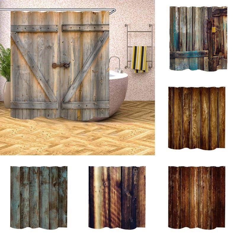 Штора Рустик для душа Дерево Амбарная дверь Узор Занавеска для ванны Водонепроницаемая с крючками