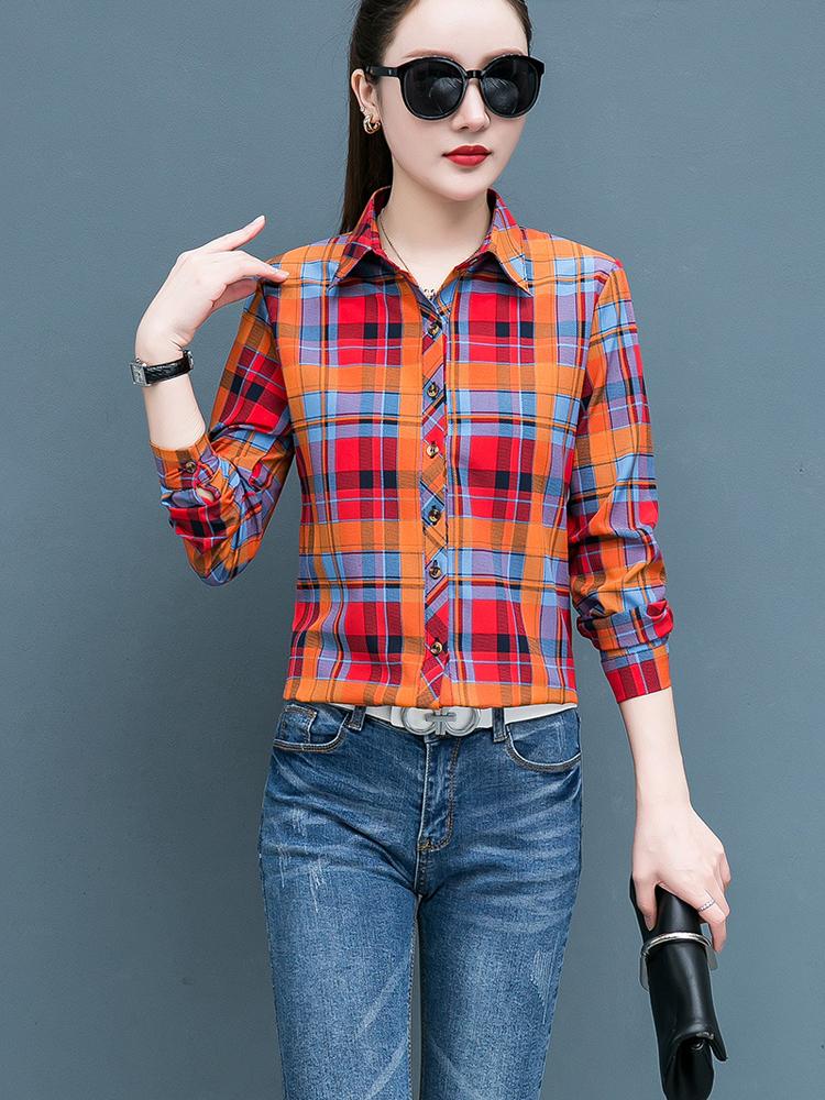Клетчатая рубашка для женщин, сто женщин, топы, свободная ретро рубашка с длинным рукавом с гонконгским вкусом