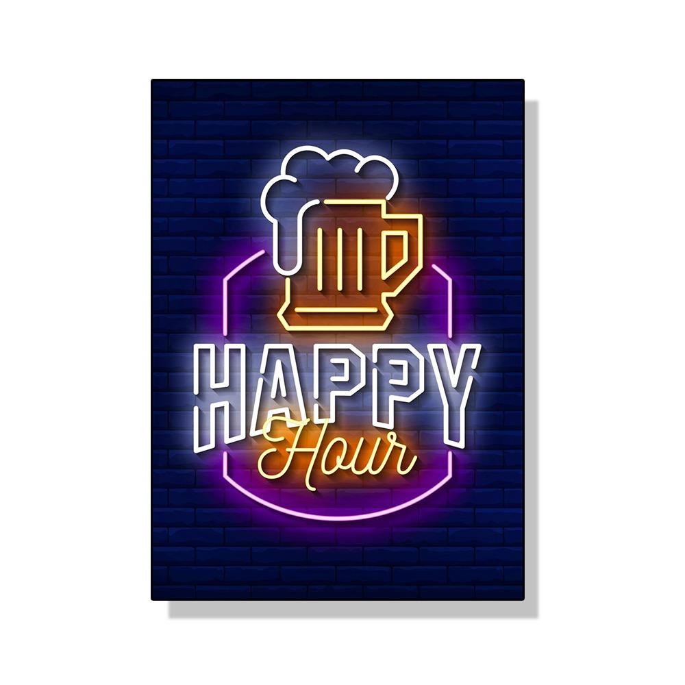 Неоновый эффект Пиво Happy Hour Паб Плакат Печать Холст Картина Настенная картина Для Бара Гостиная Домашнее украшение БЕЗ СВЕТОДИОДОВ