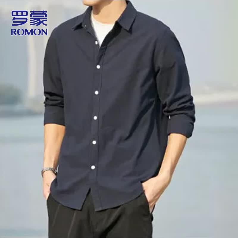 ROMON Men's Business Casual Pure Cotton Long Sleeve Shirt