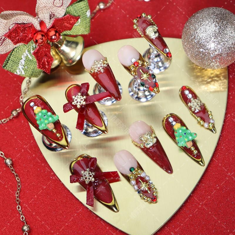 Christmas Press On Nails With Red Bow Gold Trim Tree Snowflake Star Design Women Long Shape Acrylic False