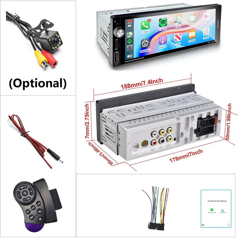 1DIN 6.9'' CarPlay Android Auto Беспроводная/Проводная Универсальная Автомагнитола MP3 MP5 Мультимедиа FM Стерео 1 DIN USB TYPE-C Быстрая Зарядка