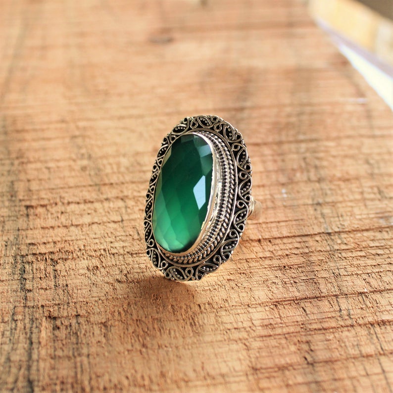 Кольцо из стерлингового серебра 925 пробы, эффектное кольцо в стиле бохо, подарок для нее, богемные украшения, кольцо из зеленого оникса ручной работы, подарок на годовщину, новогодний подарок,