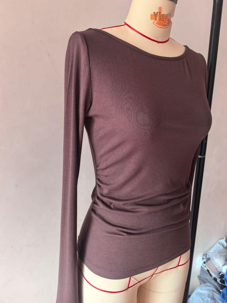 2025 Autumn Slim Fit Women's Boat Neck Bell Sleeve Ruched Top - Solid Color, Long Sleeve