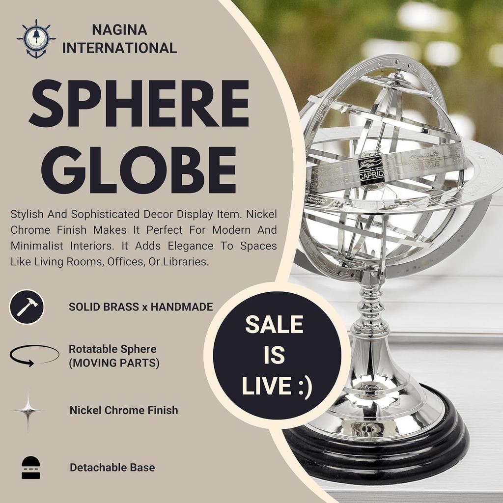 Деревянный шар-глобус (основание на полу - 4 дюйма , размер глобуса : 12 x 6 дюймов, Коричневый)