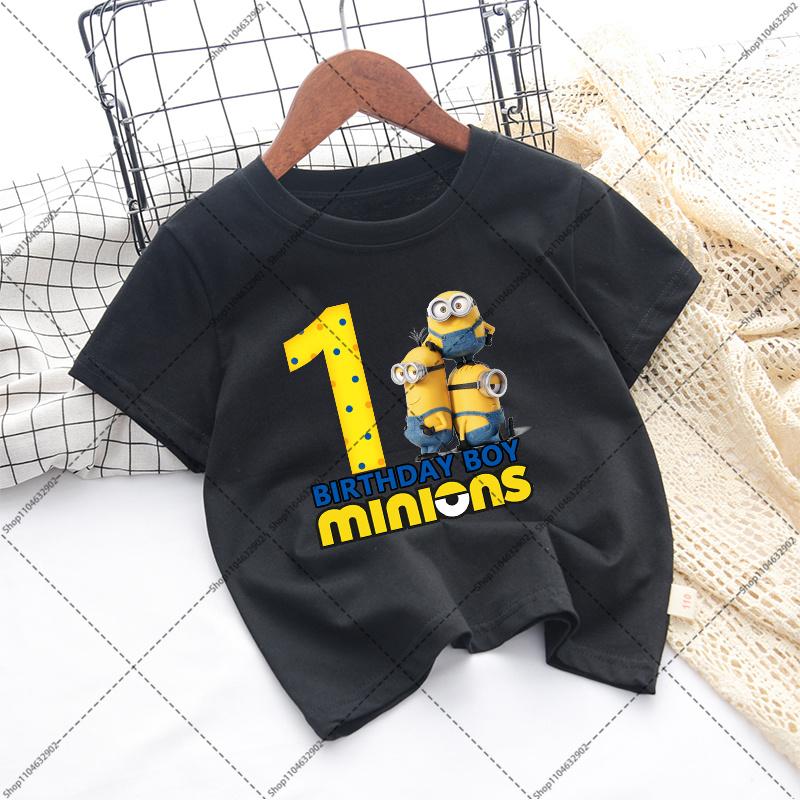 Minionses Boys Birthday Party T-shirt Cartoon Anime Pattern Number 1-9 Printed T-Shirt Children Summer Clothes Fashion Tops Gift