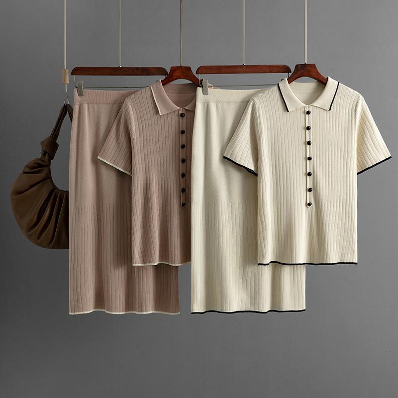 Женский новый летний костюм из двух частей с воротником-поло и трикотажной юбкой