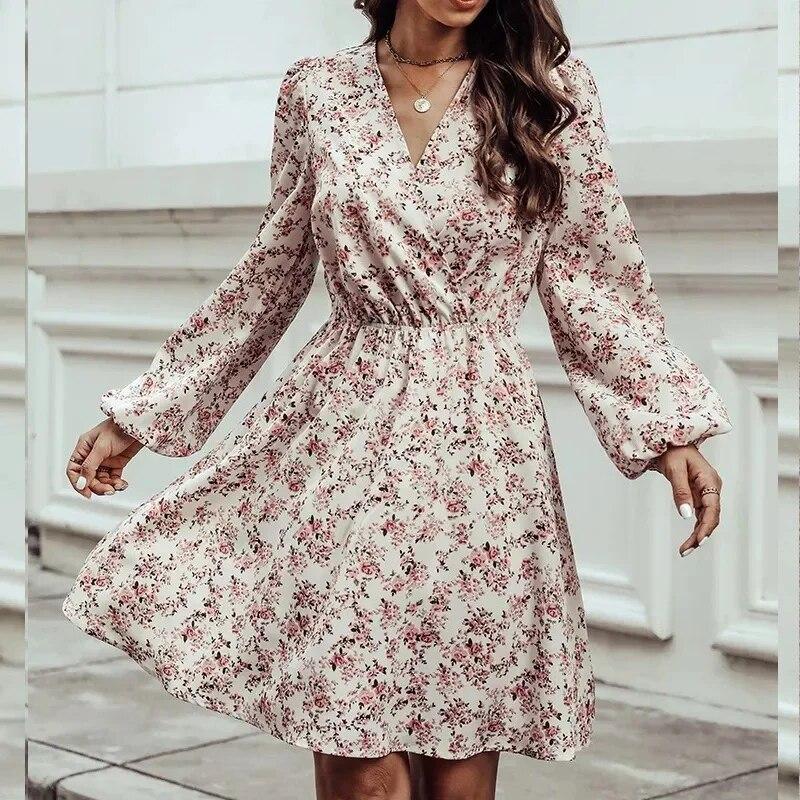 Повседневное короткое платье с эластичной талией и цветочным принтом, осеннее сексуальное платье трапециевидной формы с v-образным вырезом, модные платья с длинным рукавом с цветочным принтом 29773