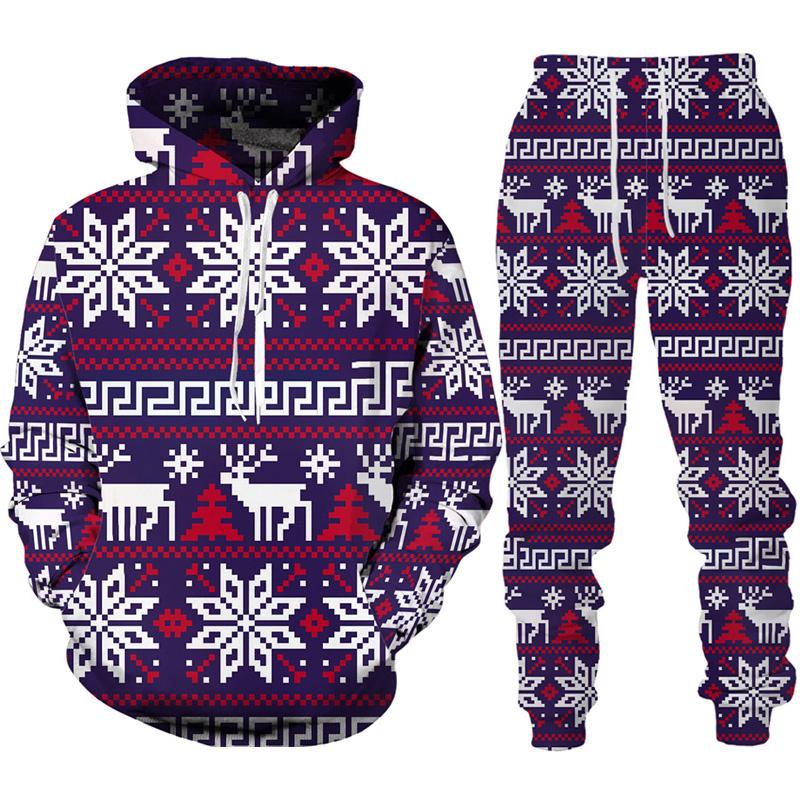 Новый год, Рождество, Санта-Клаус, толстовки с 3D принтом, брюки, спортивный костюм, новинка, костюм из 2 предметов для пары, уличная одежда для вечеринки