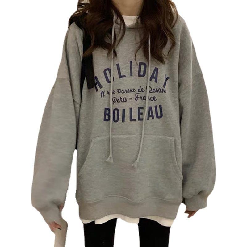 Мягкий Утепленный Свободный Худи Женская Осенне-Зимняя Куртка Древняя Футболка с Длинным Рукавом Топы Мода Ретро Универсальный Свитшот