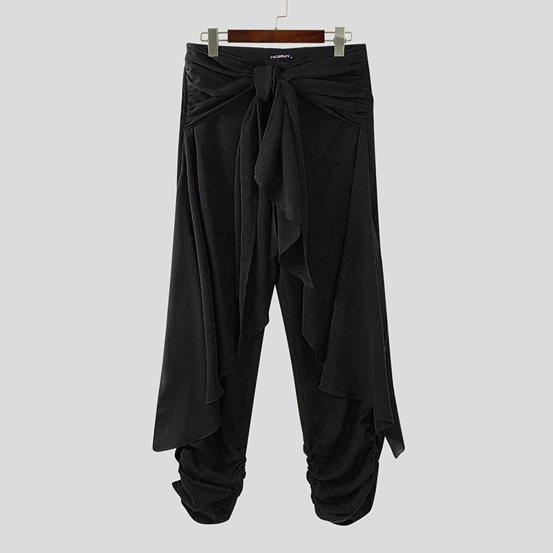 INCERUN Мужские повседневные полупрозрачные брюки-шаровары со шнуровкой и неровными слоями, со складками