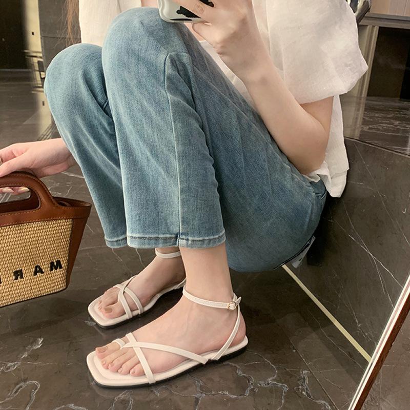 Sheepskin version~ French cross with beach cover toe strap sandals women's summer flat-bottomed leather Roman shoes cool slippers