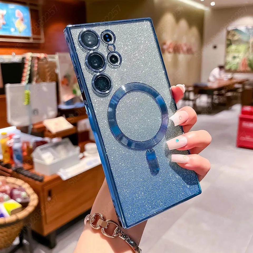 Роскошное гальваническое покрытие с блестками, магнитный чехол для Magsafe для Samsung Galaxy S21 FE S22 S23 S24 Ultra, чехлы для телефонов, чехол для беспроводной зарядки