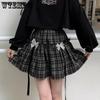 Юбка в клетку в стиле Лолиты, кавайные женские готические мини-юбки с бантом, черные мини-юбки трапециевидной формы с высокой талией в японском стиле