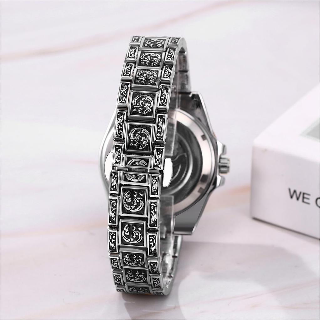 Automatic Watch with Luminous Rotating Stainless Analog Quartz Retro Raised Adjustable Length Perfect Gift for or Boyfriend Men's Bezel Waterproof,